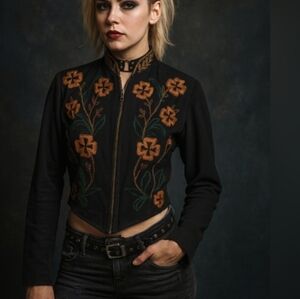 Vintage MODI Embroidered Sequin Floral Cropped Jacket – Black Zip Front – Size M